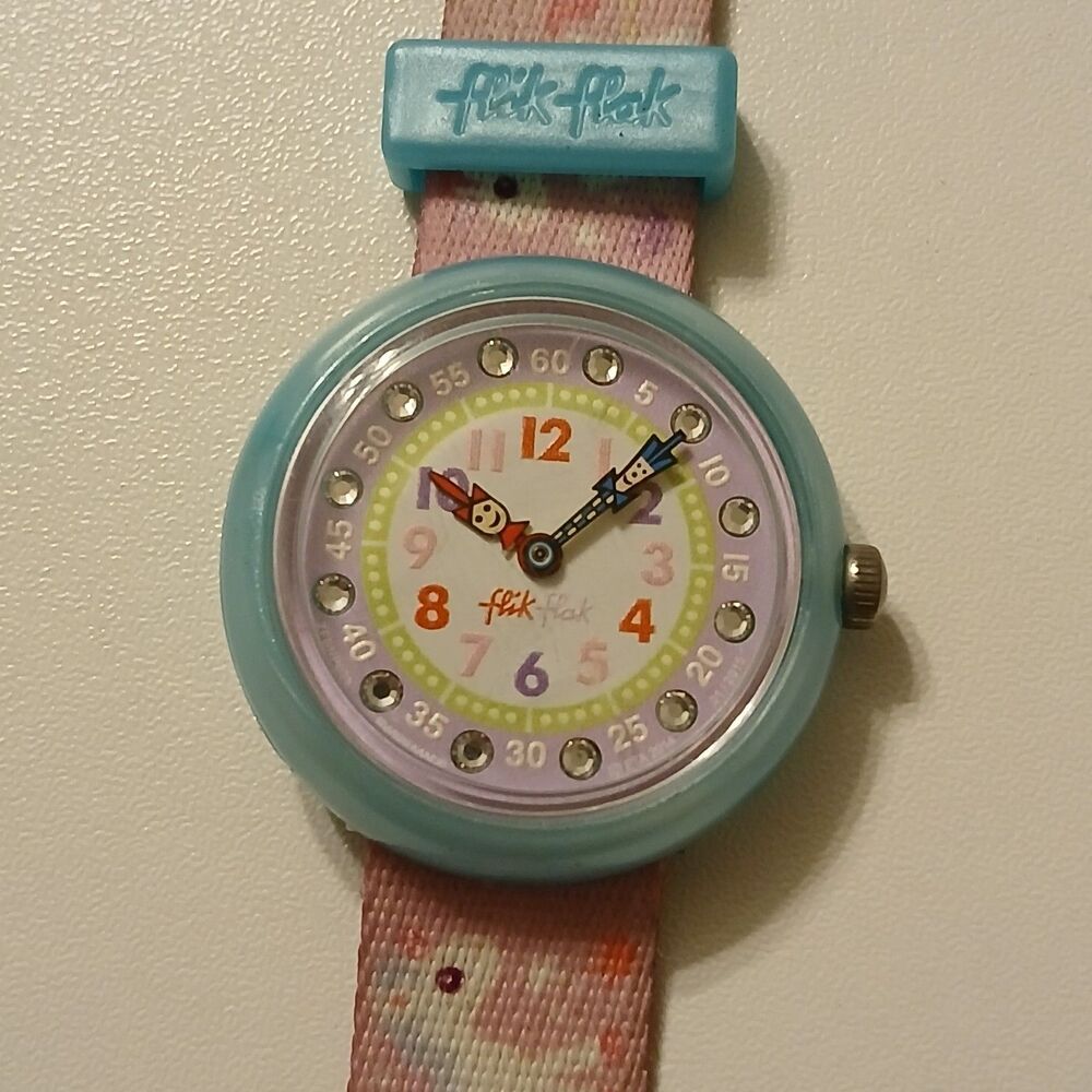 Flik Flak Swatch Kids Watch Swiss Made Pink Unicorn Fabric Strap Light Blue 29mm